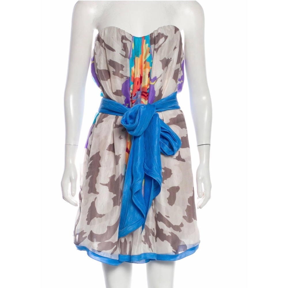 MISSONI Floral Abstract Print Strapless Silk Dress